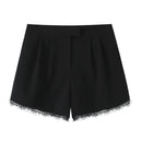 Women Lace Trim High Waist Black Casual Shorts