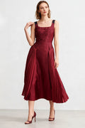 Spliced Shirring Dresses for Women Square Neck Sleeveless High Waist Casual Dress Female Clothing
