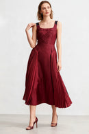 Spliced Shirring Dresses for Women Square Neck Sleeveless High Waist Casual Dress Female Clothing