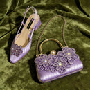Shoes and Bag Ladies Heel Decoration Pure Elegant Flower Wedding Shoes and Bag Full Rhinestone Handbag