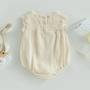 New Infant Toddler Newborn Baby Girls Sleeveless Crew Neck Pleated Lace Patchwork Romper Sunsuit Jumpsuit Casual Clothes