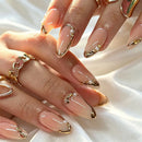 24pcs Metal Gold Lines French Press On Nails Glossy Medium Almond False Nails Full Cover Gold French Tips