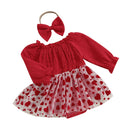 Spring Valentine's Day Infant Baby Girls Bodysuit Long Sleeve Heart Dress Headband Red Clothes