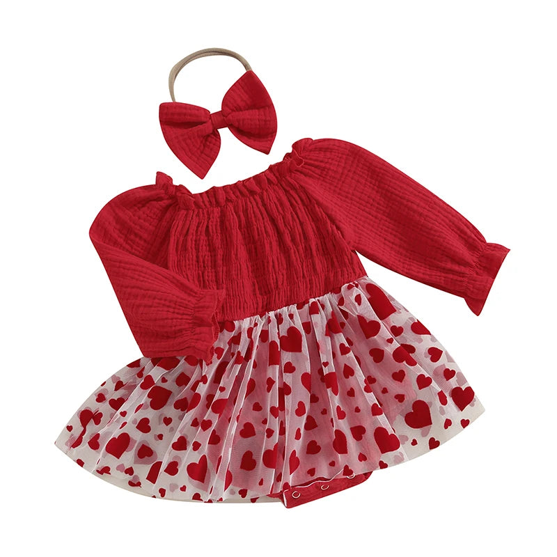 Spring Valentine's Day Infant Baby Girls Bodysuit Long Sleeve Heart Dress Headband Red Clothes