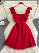 Women Hollow Out Short Dress Summer Ruffles Vintage Square Collar A Line Dresses Ladies High Waisted Beach Dress