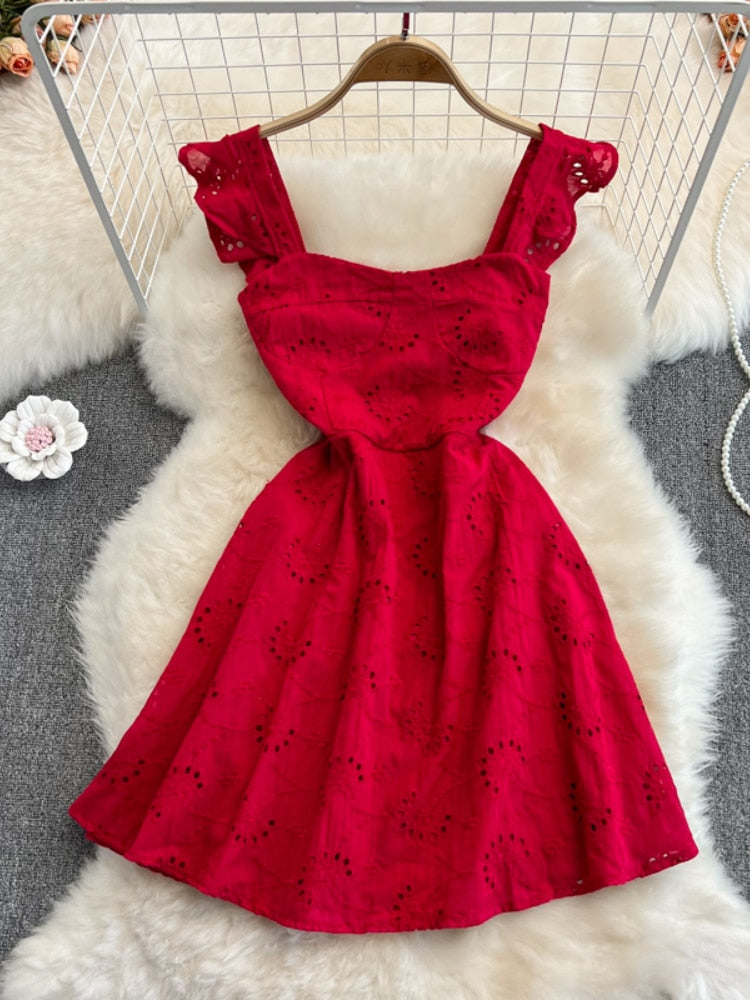 Women Hollow Out Short Dress Summer Ruffles Vintage Square Collar A Line Dresses Ladies High Waisted Beach Dress
