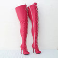 Pink knee-high boots with white laces on a light background, Obroi