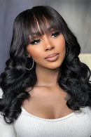 Middle Part Lace Wig With Bangs Body Wave Human Hair Bob Wig Natural Look Luxurious