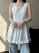 Chic Spliced Black Stringy Selvedge Seam Vest Top Women's Summer Lace Hem Sleeveless Tops