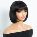 A black bob wig with straight bangs displayed on a mannequin bust against a light gray background, Obroi