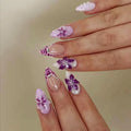 Nails for women girls Gradient brown blue embossed flowers fall winter almond tips press on false nail
