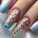 24pcs Pink Blue Gradient False Nails Press On Nails Spicy Girl Gem Fake Nails With Gold Plaid Design Wearable