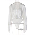 Summer White Sexy Blouses Deep V-Neck Long Sleeve Tops Jumpsuits Shirt