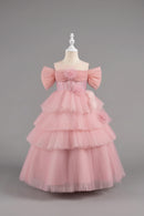 Pink tiered dress on a mannequin against a gray background, Obroi