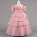 Pink tiered dress on a mannequin against a gray background, Obroi