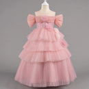 Pink tiered dress on a mannequin against a gray background, Obroi