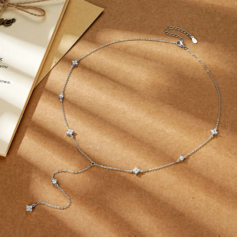 Tassel Pendant Necklace 925 Silver Four Clover Flower Chain Necklace for Women Valentine