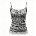 A gray leopard print camisole tank top with a henley-style button placket and white lace trim at the hem, shown on a plain white background, Obroi