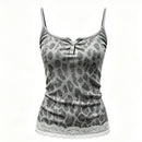 A gray leopard print camisole tank top with a henley-style button placket and white lace trim at the hem, shown on a plain white background, Obroi