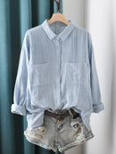 Women Shirts Summer Vintage Turn-Down Collar Loose Casual Female Outwear Tops