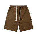 American Style Washed Solid Color Knee-length Shorts Casual Short Pants Mens Summer Loose Drawstring Elastic Waist Multi-Pocket