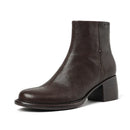 Leather Women Ankle Boots Spring Autumn Heeled Boots Retro Ladies Round Toe Black Zipper Boots