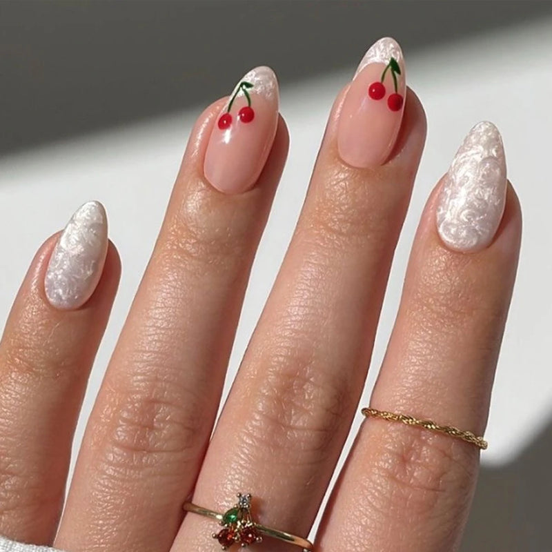 White Flowers Gold Pearlescent Almond False Nails Detachable Finished Fake Nails Press on Nails