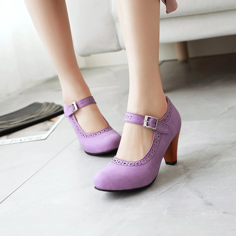 Women's Leather Perforated Oxfords Brogue Shoes for Vintage Hollow Spike Heel Pumps