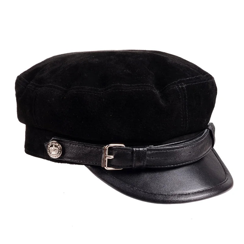 Leather Hats For Men Women Winter Vintage Thin Black Motorcycle Berets Cap With Belt Male Student Cadet