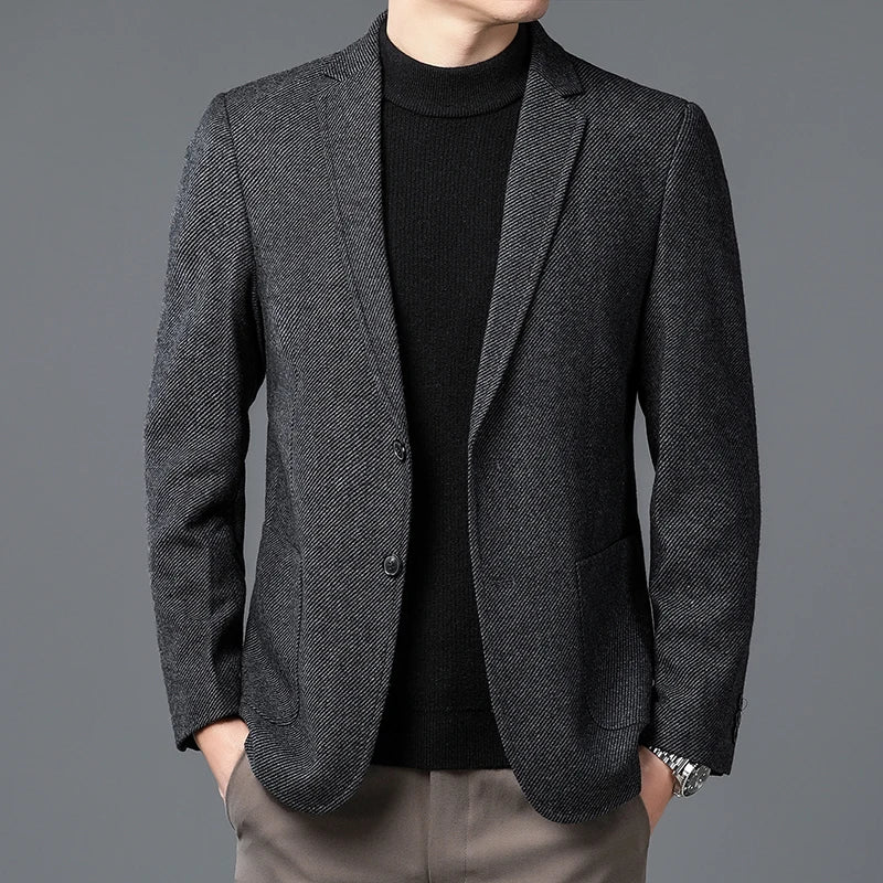 Men Elegant Tweed Blazer Coffee Red Gray Tailored Outfits Sheep Woolen Blended Outfits