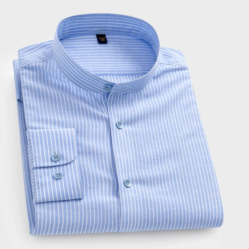 Mandarin Collar Men's Striped Shirts For Business Social Regular Fit Man Dress Shirt without Chest Pocket