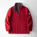 Red jacket with gray collar on a white background, Obroi