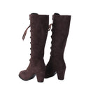Medieval Victorian Women Knee High Boots Gothic Suede Chunky Heel Lace Up Mid Calf Shoes Cosplay Costume