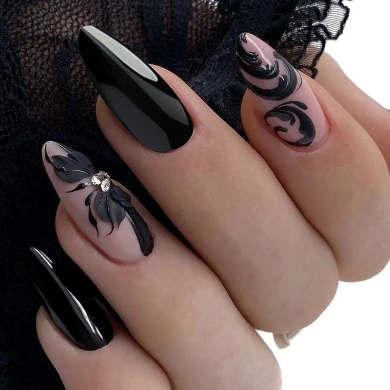 24pc Short Almond Black Mask Pattern Fake Nails Golden Line Press on Nails Simple Cool False Nail Tip