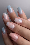 24pcs Short Ballet Pink Blue Marbled Summer Press on Nails Artificial Nails Square Acrylic Medium Nails