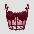 Lace Floral Embroidery Bow Corset For Women Camisole Sheer Mesh Slim Crop Top Wired Bra