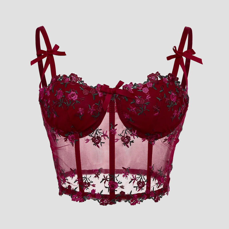 Lace Floral Embroidery Bow Corset For Women Camisole Sheer Mesh Slim Crop Top Wired Bra