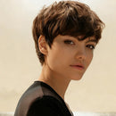 Short Straight Brown Layered Textured Pixie Cut Human Hair Wig For Women