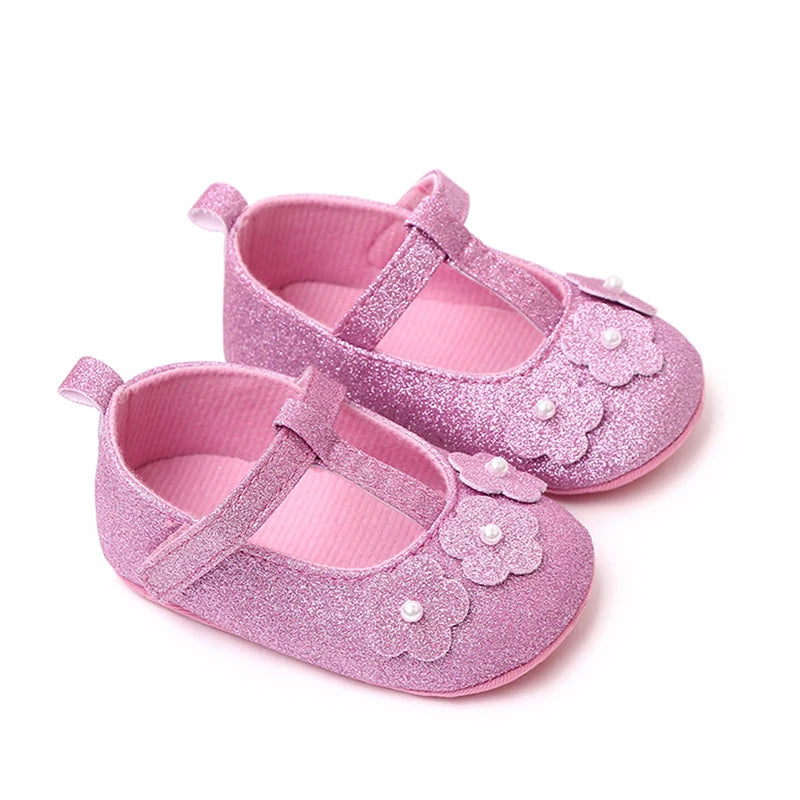 Baby Girls Flat Shoes Soft Sole Shiny Flower Pearls Non-slip Indoor Outdoor Toddler Shoes