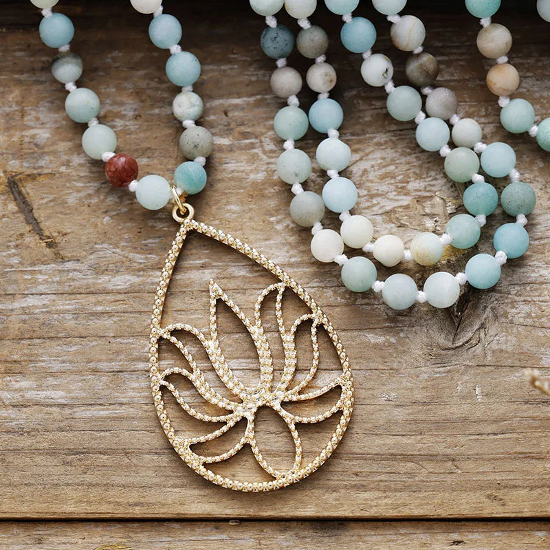 Boho 6mm Natural Stones Beads Healing Crystal Lotus Pendant Necklaces Meditation Yoga Necklace Jewelry