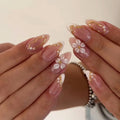 24PCS Pink Almond Press on Nails Flower Gold Line Pearl Decor French Sweet Elegant Reusable Acrylic Nails