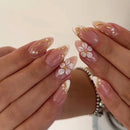 24PCS Pink Almond Press on Nails Flower Gold Line Pearl Decor French Sweet Elegant Reusable Acrylic Nails