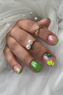 24Pcs Short Ballet Nails with Jelly Glue Green Summer Flowers French Wearable Manicure Glitter Nail Tips Art