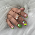 24Pcs Short Ballet Nails with Jelly Glue Green Summer Flowers French Wearable Manicure Glitter Nail Tips Art
