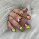 24Pcs Short Ballet Nails with Jelly Glue Green Summer Flowers French Wearable Manicure Glitter Nail Tips Art