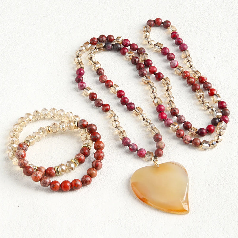 Bohemian Women Jewelry 6mm Natural Stone Glass Knot Necklace Agate Heart Pendant,8mm Beaded Elastic 2pcs Stack Bracelet Set