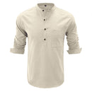 Spring Autumn Cotton Linen Long Sleeved Shirt Men Round Neck Half Open Button Solid Casual Top Men Loose Simple Linen Shirt