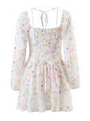 Autumn Long Sleeve Mini Dress Woman Slim Chic Floral Print Square Neck Ruffle Tie Short Fairy Dress Female