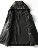 Spring Autumn Luxury Elegant Cool Leather Vest for Men with Hood Zipper Jacket