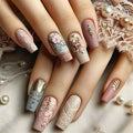 24Pcs Mid-length Square Head Nails Relief Rosy Lace with Design Press on False Nails Art Wearable Full Cover Nails Tips
